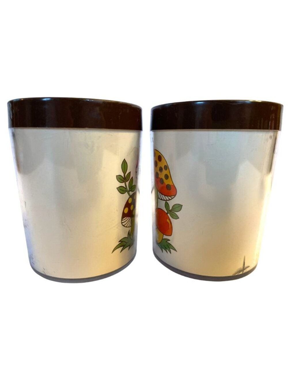 2 Vintage Sears Roebuck Merry Mushroom Thermo Serv Insulated Plastic Mugs 1970's - Picture 5 of 7